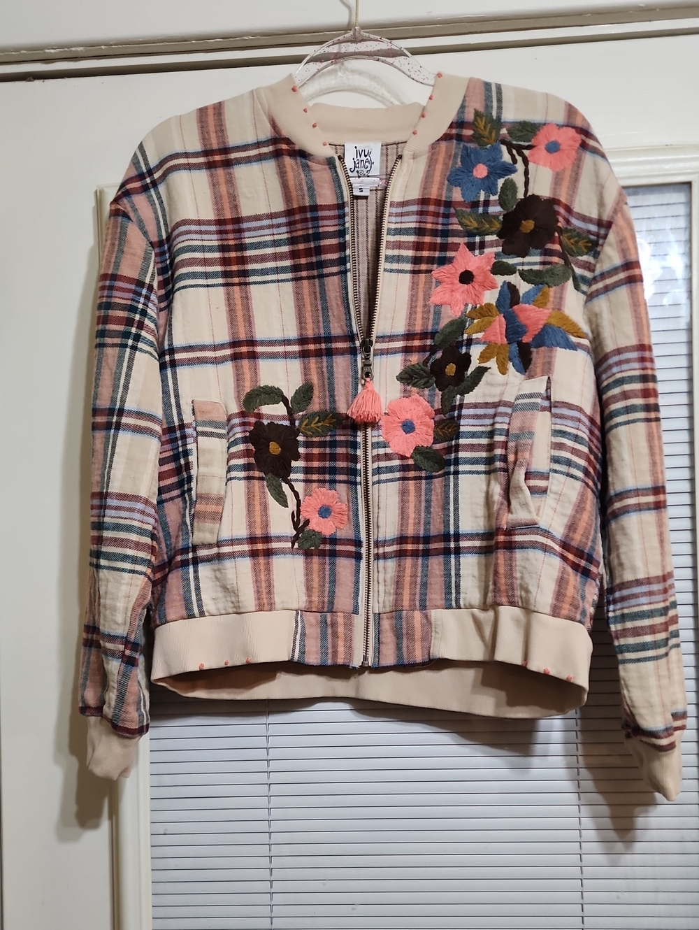 ivy jane Plaid Bomber Jacket with Floral Appliqué - Cream, Pink, Green, Navy